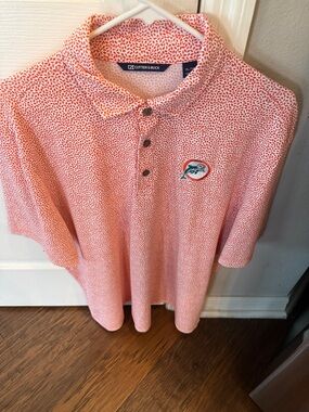 Cutter & Buck Coral Patterned Polo with Embroidered Miami Dolphins Team Logo